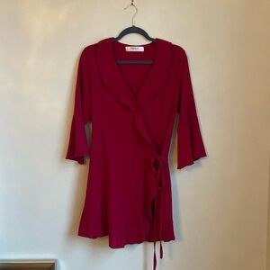 Red wrap dress with 3/4 flowy sleeves